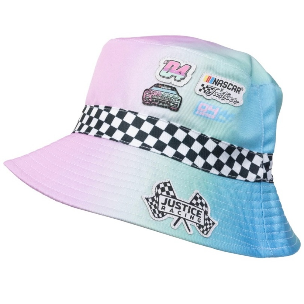 NWT Justice x NASCAR Girls Bucket Hat‎ Pastel Rainbow Checkered One Size
